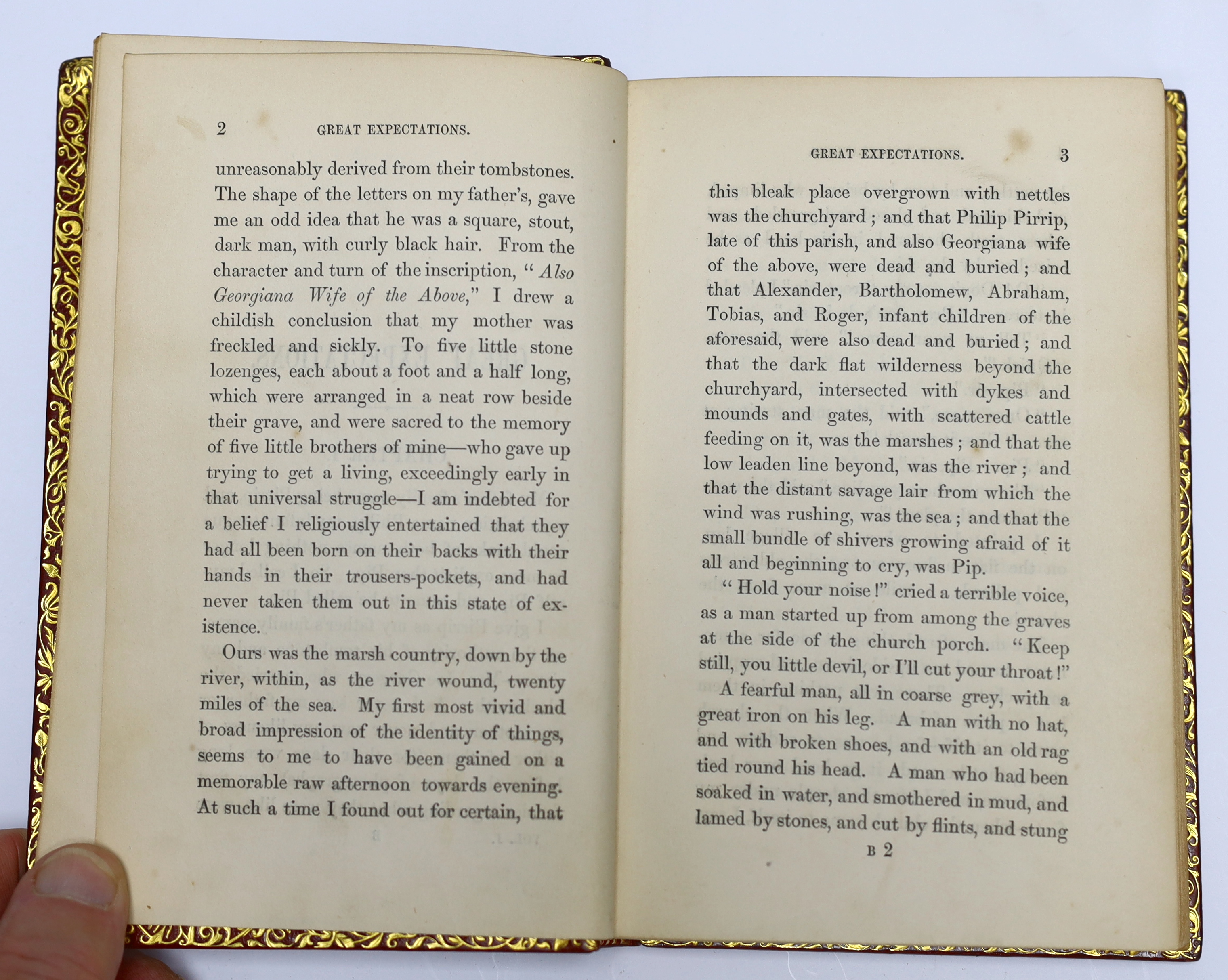 Dickens, Charles - Great Expectations, 3 vols, 1st edition in book form, 1st issue with no edition statements on title-page, crown 8vo (187 x 115mm.), in fine mid 20th century gilt-ruled red levant morocco bindings, gilt